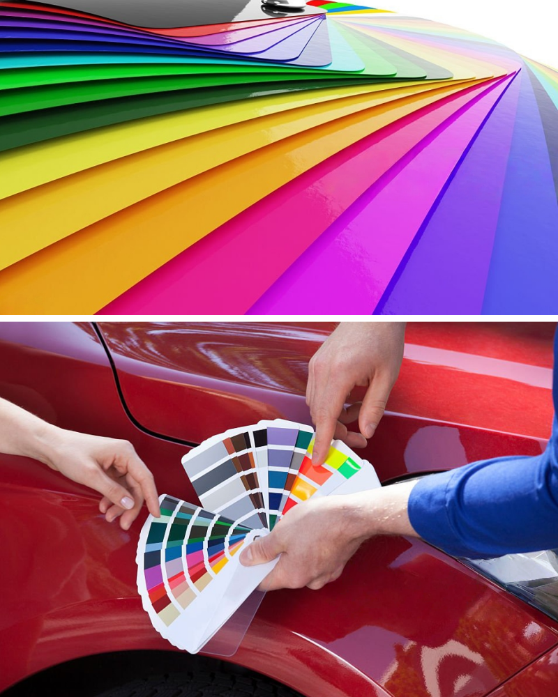 Fan deck of custom vinyl wrap colors for cars, showcasing multiple finishes for vehicle wrapping.