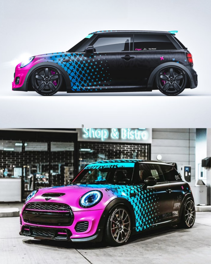 Before and after photo showing custom vinyl wrap design applied to a real car.
