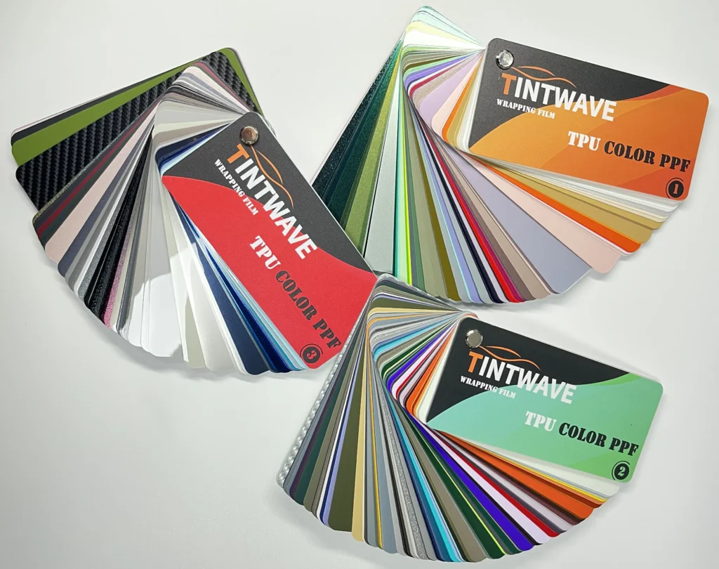 TINTWAVE custom color swatch book showcasing vehicle wrap colors and branding