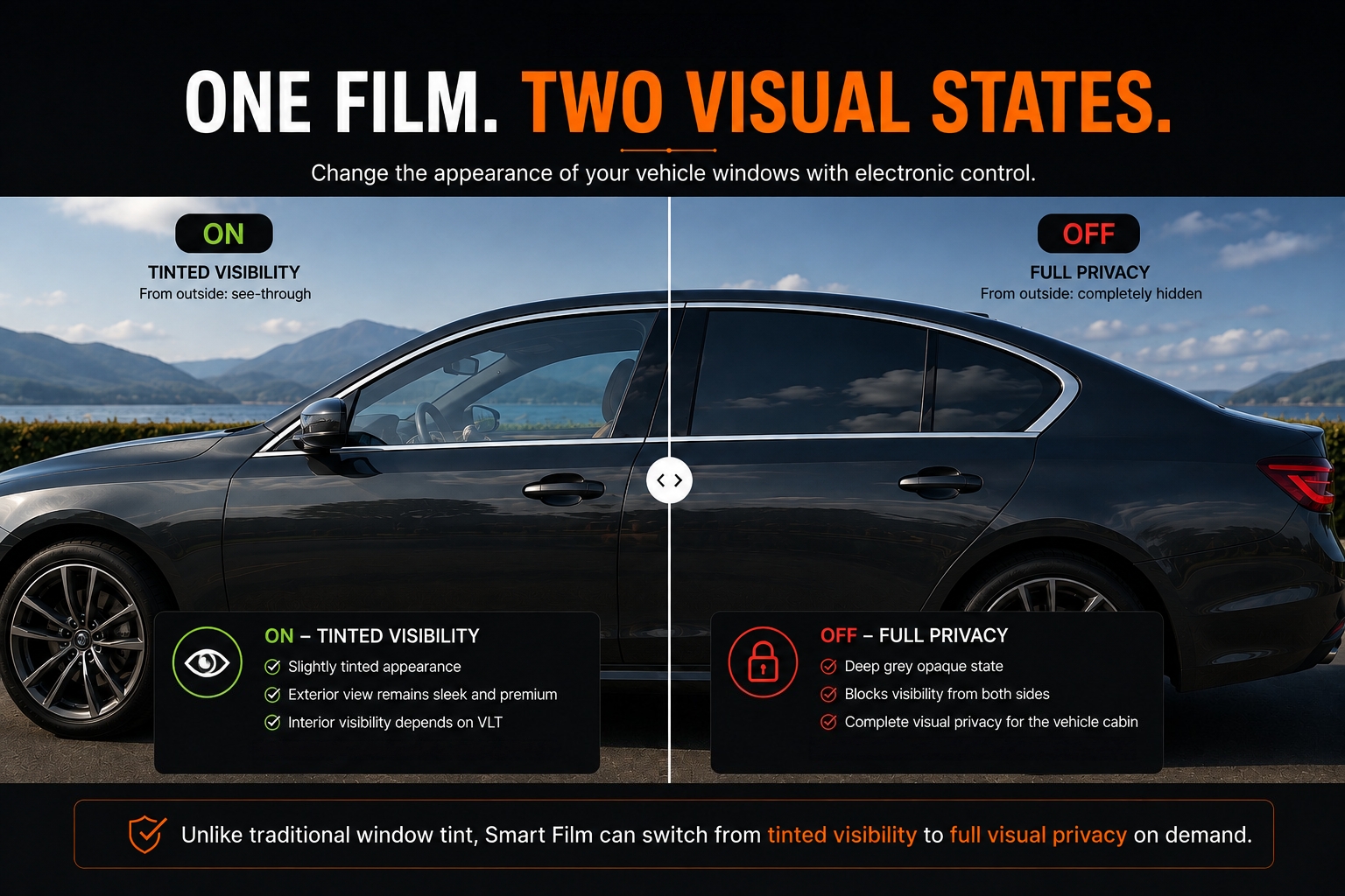 TINTWAVE automotive smart film on the same car side window: transparent tinted view when ON and opaque privacy when OFF