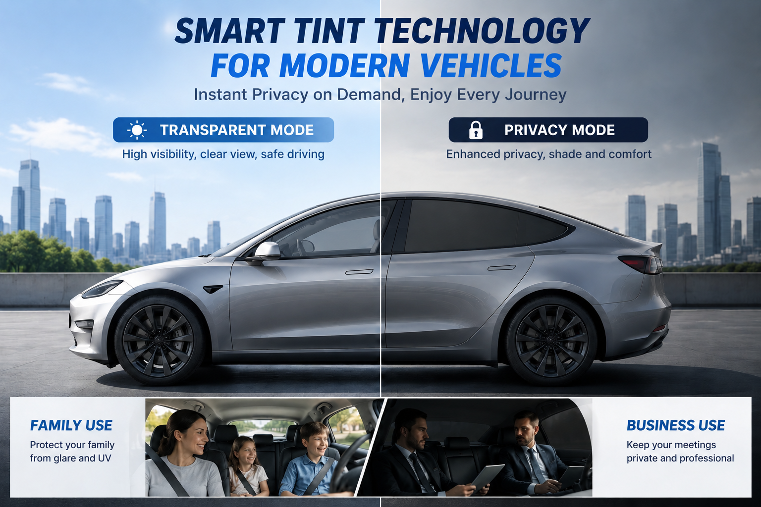 TINTWAVE Automotive smart film showing transparent ON state and opaque privacy OFF state on a car window