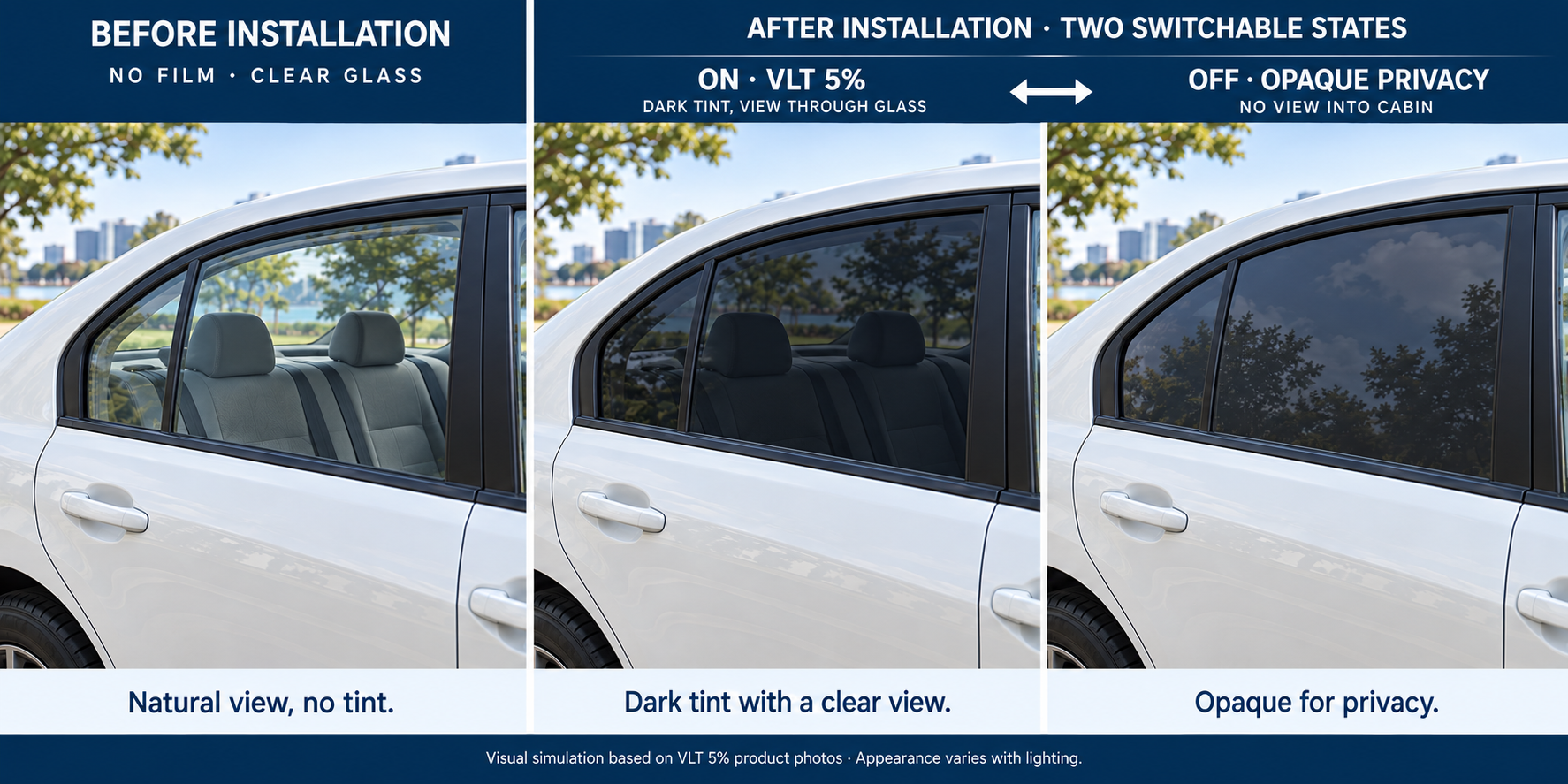 TINTWAVE Deep Black VLT 5% automotive smart film comparison showing the car side window without film, powered ON and powered OFF