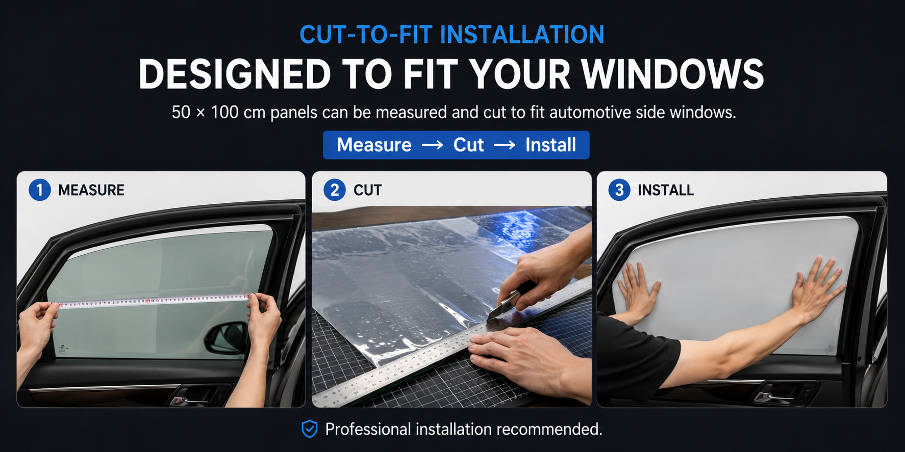 Cut-to-fit installation of TINTWAVE automotive smart film showing measurement, trimming and dry application to a car side window