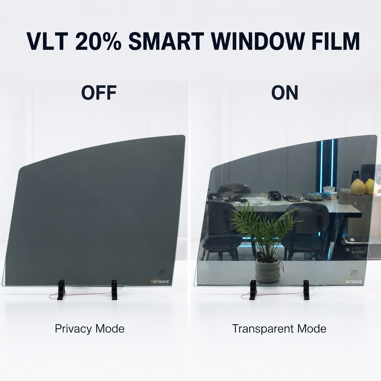 TINTWAVE Light Black VLT20% PDLC smart car window film ON and OFF comparison