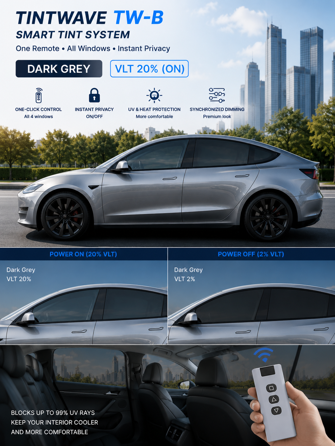 TINTWAVE Light Black VLT 20% automotive smart film showing a transparent tinted car side window when ON and dark-grey opaque privacy when OFF