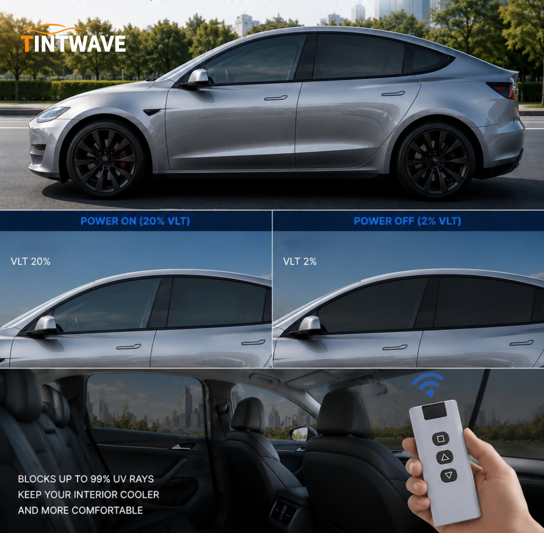 TINTWAVE Light Black VLT20% PDLC smart car window film viewed from outside